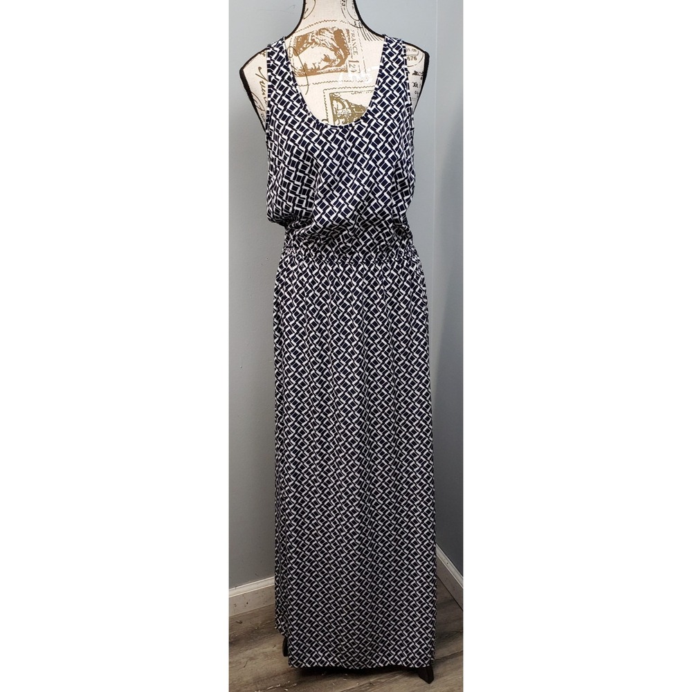 Banana Republic Maxi Dress Womens 6 Blue White Geometric Sleeveless Caged Back